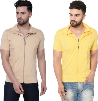 Jangoboy Solid Men Polo Neck Beige, Yellow T-Shirt