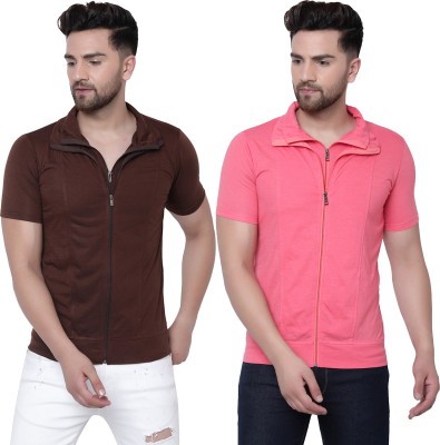 Adorbs Solid Men Polo Neck Red, Brown T-Shirt