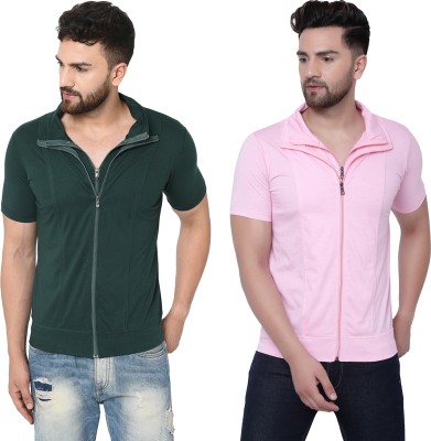 Adorbs Solid Men Polo Neck Dark Green, Pink T-Shirt