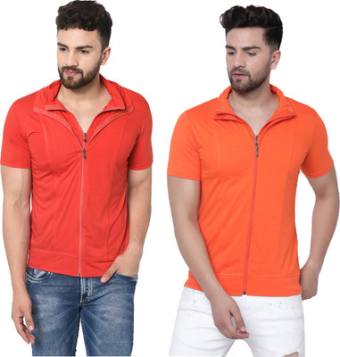 Jangoboy Solid Men Polo Neck Red, Orange T-Shirt