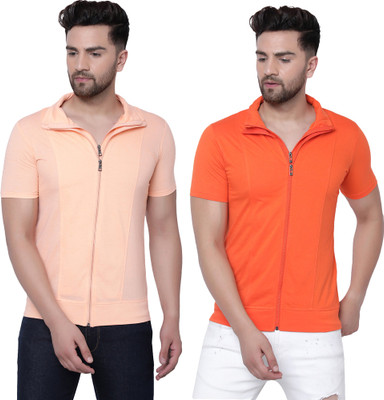 Adorbs Self Design Men Polo Neck Orange, Beige T-Shirt