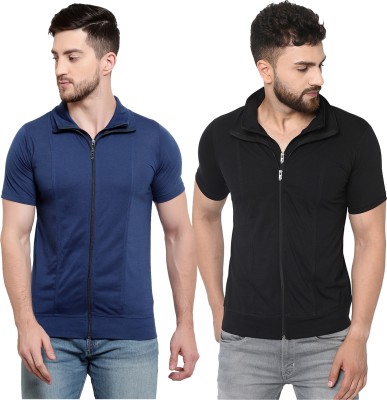 Jaskart Solid Men Polo Neck Dark Blue, Black T-Shirt