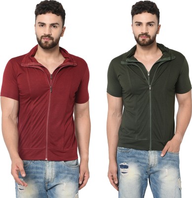 Jangoboy Self Design Men Polo Neck Dark Green, Maroon T-Shirt