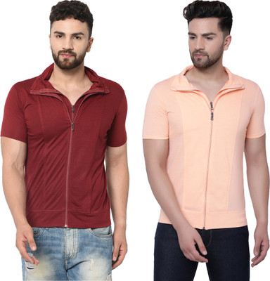 Jangoboy Self Design Men Polo Neck Maroon, Pink T-Shirt