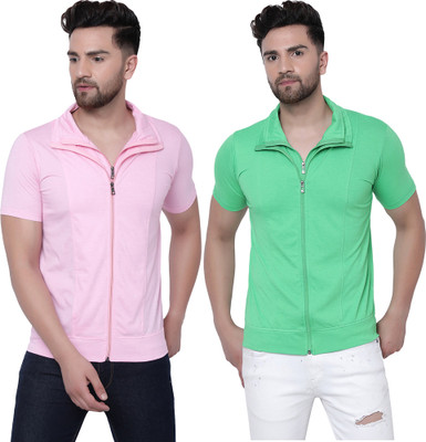 Jaskart Solid Men Polo Neck Pink, Light Green T-Shirt