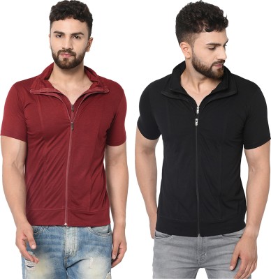 Adorbs Solid Men Polo Neck Maroon, Black T-Shirt