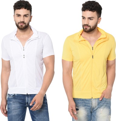 Jaskart Solid Men Polo Neck White, Yellow T-Shirt