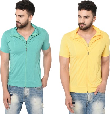 Adorbs Solid Men Polo Neck Light Green, Yellow T-Shirt