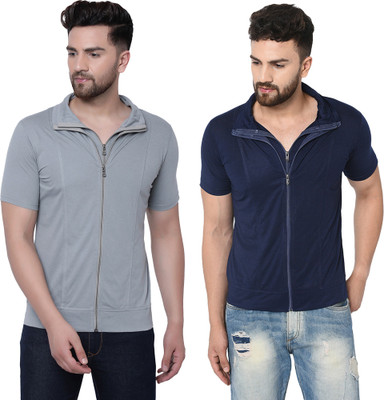 Jangoboy Solid Men Polo Neck Dark Blue, Grey T-Shirt