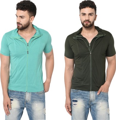 Adorbs Solid Men Polo Neck Dark Green, Light Green T-Shirt