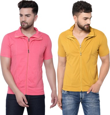 Jangoboy Solid Men Polo Neck Pink, Yellow T-Shirt