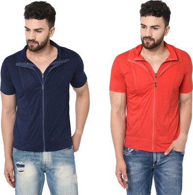 Adorbs Solid Men Polo Neck Dark Blue, Red T-Shirt