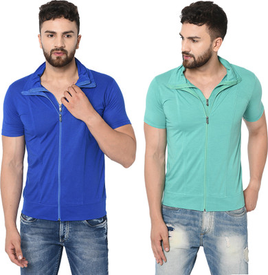 Adorbs Solid Men Polo Neck Dark Blue, Light Green T-Shirt