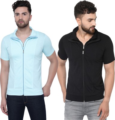 Jangoboy Solid Men Polo Neck Light Blue, Black T-Shirt