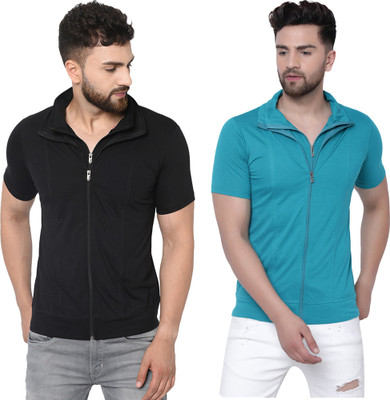 Jangoboy Solid Men Polo Neck Dark Blue, Black T-Shirt