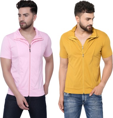 Jaskart Solid Men Polo Neck Pink, Yellow T-Shirt