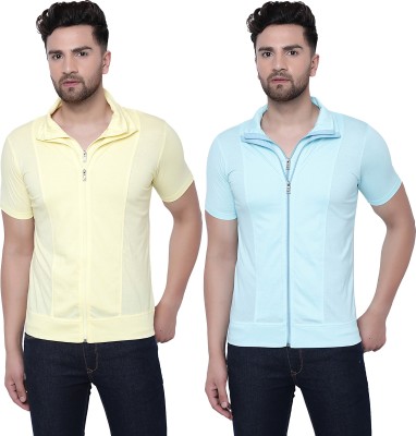 Jangoboy Solid Men Polo Neck Light Blue, Yellow T-Shirt