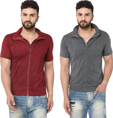 Jangoboy Self Design Men Polo Neck Maroon, Grey T-Shirt