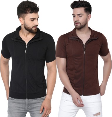 Jangoboy Solid Men Polo Neck Brown, Black T-Shirt