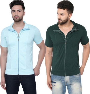 Jaskart Solid Men Polo Neck Light Blue, Dark Green T-Shirt