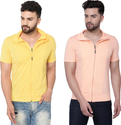 Adorbs Self Design Men Polo Neck Beige, Yellow T-Shirt