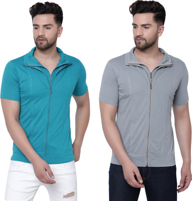 Jangoboy Solid Men Polo Neck Dark Blue, Grey T-Shirt