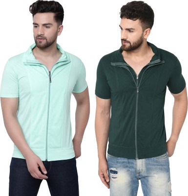 Adorbs Solid Men Polo Neck Dark Green, Light Green T-Shirt