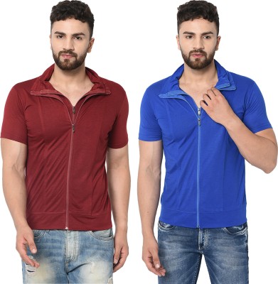 Adorbs Solid Men Polo Neck Dark Blue, Maroon T-Shirt