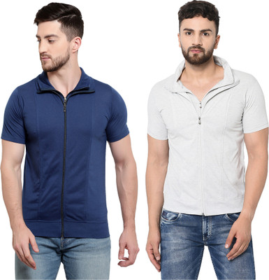 Adorbs Solid Men Polo Neck Dark Blue, Grey T-Shirt