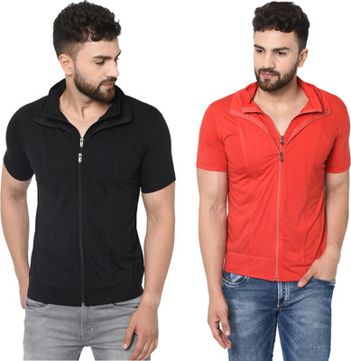 Jangoboy Solid Men Polo Neck Red, Black T-Shirt