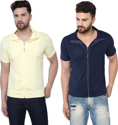 Adorbs Solid Men Polo Neck Dark Blue, Yellow T-Shirt