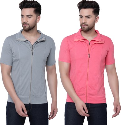 Jaskart Solid Men Polo Neck Pink, Grey T-Shirt