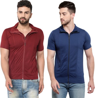 Jaskart Solid Men Polo Neck Dark Blue, Maroon T-Shirt