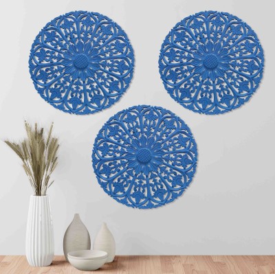 Timberly MDF Wall Panel | Round Design Wall Mounted Panel for Living Room | Wall Hanging Panel- 24 x 24 Inch, Blue Colour, Set Of 3 Pack of 3(24 inch X 24 inch, Blue)
