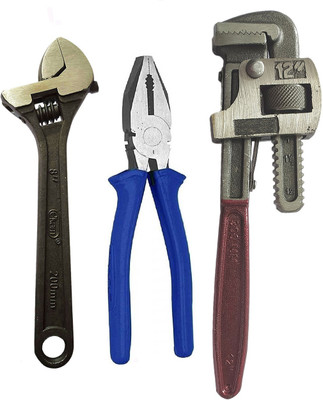 DUMDAAR 12inch Pipe Wrench 8inch Plier and 8inch Adjustable Wrench (Pack of 3) Heavy duty Single Sided Pipe Wrench(Pack of 3)