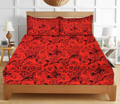 deersh collection 144 TC Polycotton Double 3D Printed Flat Bedsheet(Pack of 1, Black, Red)