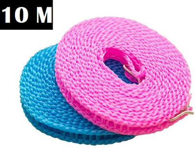 Shihen Cloth drying rope clotheslines nylon windproof anti-slip clothes washing line rope with hooks for home travel random color Nylon Retractable Clothesline(10 m)
