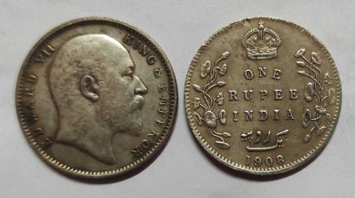 ANK ONE RUPEE INDIA 1908 EDWARD VII KING & EMPEROR Ancient Coin Collection(1 Coins)