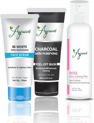 Aysun Rose Ultra Calming Mist & BI-White Face Scrub, Charcoal Peel off Mask Combo Pack of 3(3 Items in the set)