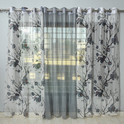 Galaxy Home Decor 274 cm (9 ft) Net Transparent Long Door Curtain (Pack Of 3)(Floral, Grey)