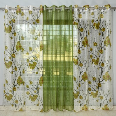 Galaxy Home Decor 214 cm (7 ft) Net Transparent Door Curtain (Pack Of 3)(Floral, Green)