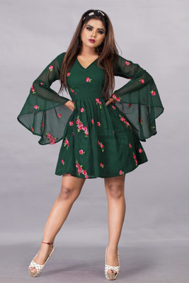 Julee Women Fit and Flare Green Above Knee/Mid Thigh Length Dress