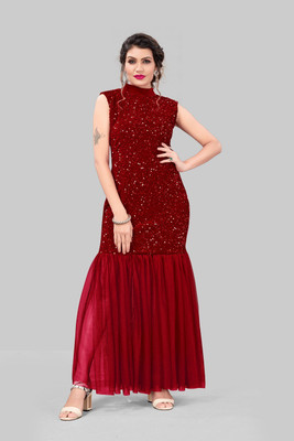 Aarya Ethnic Women Sheath Maroon Ankle Length Dress