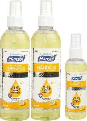Hansol Hospital Grade Spray (250 ML* 2 Pc, 100 ML* 1 Pc, Fragrance Lemon) Hand Sanitizer Bottle(3 x 200 ml)