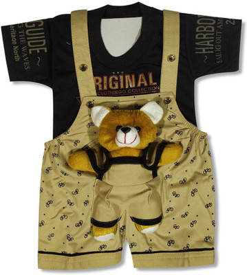 DRYSUN Dungaree For Baby Boys & Baby Girls Casual Printed, Applique Denim(Black, Pack of 1)