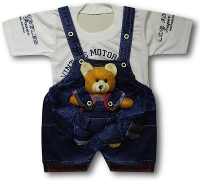 DRYSUN Dungaree For Baby Boys & Baby Girls Casual Printed, Applique Denim(White, Pack of 1)