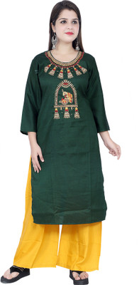 TVESA Women Embroidered Straight Kurta(Dark Green)