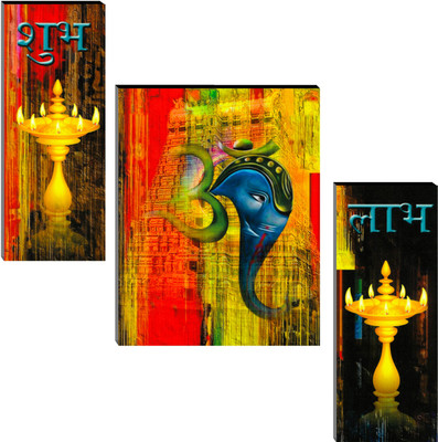 Indianara Set of 3 Lord Ganesha MDF Art Painting (2994FL) without glass (4.5 X 12, 9 X 12, 4.5 X 12 INCH) Digital Reprint 12 inch x 18 inch Painting(With Frame, Pack of 3)