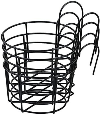 EzzuCrafts Set of 4 Round Metal Hanging Railing Planters,Hanging Railing Planter Flower Pot Holder Basket Iron Art Rack Fence Shelf Container for Balcony,Garden,Indoor and Outdoor Color black Plant Container Set(Metal)