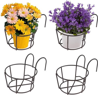 EzzuCrafts Set of 4 Round Metal Hanging Railing Planters,Hanging Railing Planter Flower Pot Holder Basket Iron Art Rack Fence Shelf Container for Balcony,Garden,Indoor and Outdoor Color White Plant Container Set(Metal)